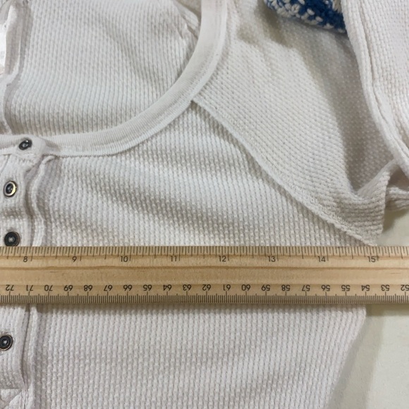 Free People Boho Thermal White Long Sleeve Top with Blue crochet Knit Cuffs - Picture 7 of 9